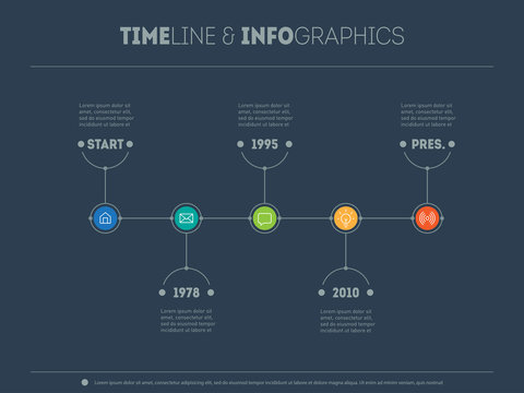Timeline infographic with icons and buttoms. Vector illustration on dark background.