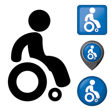 Icon Physically Handicapped Pictogram And Various Wheelchair Icons. Ideal For Catalogs Of Institutional Materials And Geography