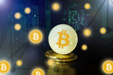 Bitcoin. Cryptocurrency physical golden bitcoin coins. Virtual money