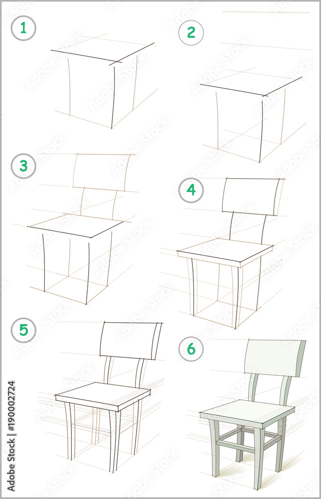 Wall mural page shows how to learn step by step to draw a chair. developing children skills for drawing and col