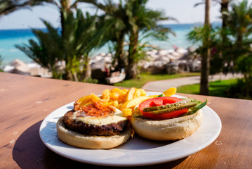 Burger against the background of the sea.