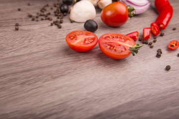 Healthy food background / studio photo of different fruits and vegetables on wooden table. Copy space. High resolution product
