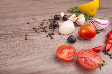 Healthy food background / studio photo of different fruits and vegetables on wooden table. Copy space. High resolution product
