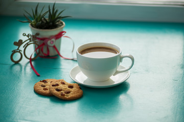 Valentine's Day, breakfast for your favorite - big cup of coffee with a cookies