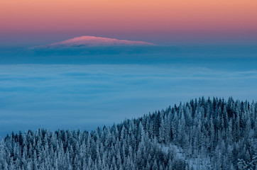 Winter sunrise mountain panorama - Babia Gora over clouds