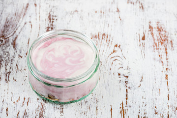 Breakfast from Fresh Natural Yogurt in Glass Jars