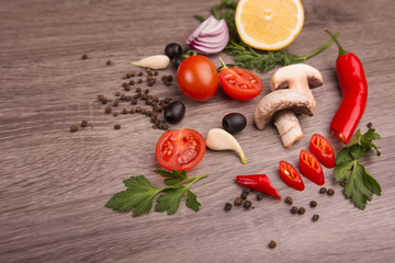 Healthy food background / studio photo of different fruits and vegetables on wooden table. Copy space. High resolution product
