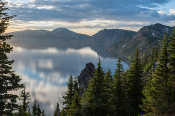 Calm Morning Clouds Reflect in Crater Lake