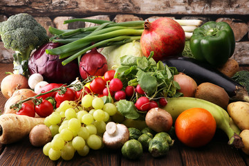 Composition with variety of raw organic vegetables and fruits. Balanced diet