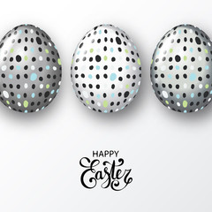 Happy Easter background with realistic dotted  colorful eggs and lettering. Greeting card template trendy design. Vector illustration for poster, invitation