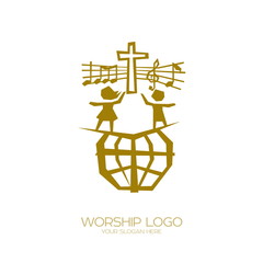 Music logo. Christian symbols. People of all nations and nationalities sing a song of worship to God.