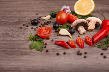 Healthy food background / studio photo of different fruits and vegetables on wooden table. Copy space. High resolution product
