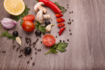 Healthy food background / studio photo of different fruits and vegetables on wooden table. Copy space. High resolution product
