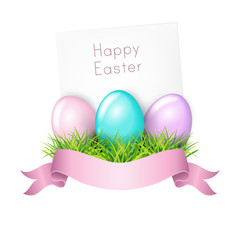 Colorful Easter eggs in green grass with white paper and ribbon. Greetig card template isolated on white background. Spring easter design