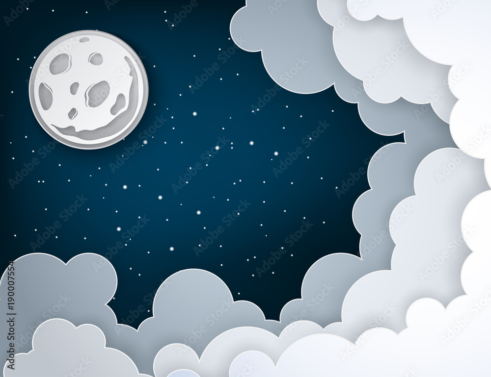 Poster paper art full moon, rays, fluffy clouds and stars in midnight. modern 3d origami paper art style. v