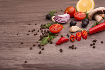 Healthy food background / studio photo of different fruits and vegetables on wooden table. Copy space. High resolution product
