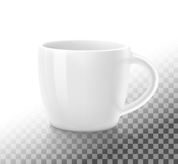 Mockup of white cup on a translucent background. Vector illustration ready and simple to use for your design.
