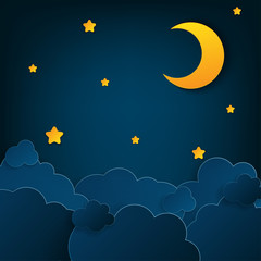 Paper art half moon, rays, fluffy clouds and stars in midnight. Modern 3d origami paper art style. Vector illustration, dark night sky