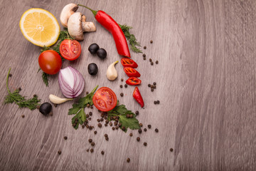 Healthy food background / studio photo of different fruits and vegetables on wooden table. Copy space. High resolution product
