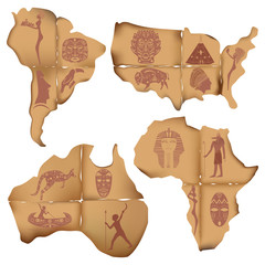 Scraps of old paper in the form of South America, Africa, Australia and the United States of America with images of indigenous people, native animals