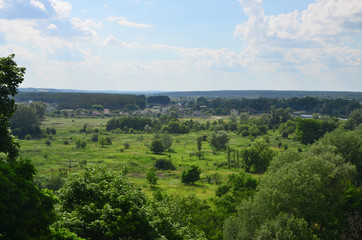A rural landscape with a bird's eye view. Panoramic view of many trees and suburban houses