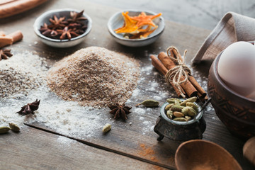 Ingredients for cooking bread or cookies: bran, flour and spices