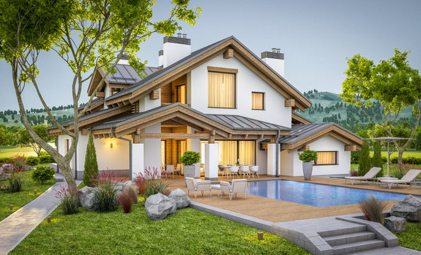 3d rendering of modern cozy house in chalet style