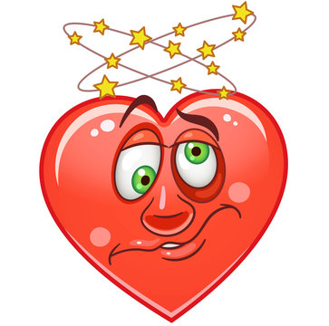 Cartoon red Heart with dizzy. Emoticons. Smiley. Emoji. Emotion symbol. Design element for Valentines Day greeting card, kids coloring book page, t-shirt print, icon, logo, label, patch, sticker.