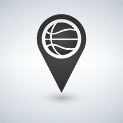 Map marker with basketball symbol on a white background.