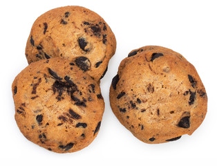 Cookies, biscuits with chocolate crumbs, isolated on white background, top view, close up.