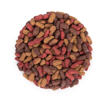Round heap of dried food for pets, animals isolated on white background, top view, close up.