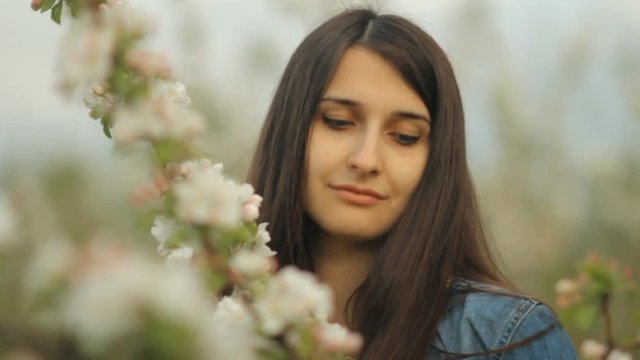 A young charming girl walks in the Park and enjoys the scent of blooming apple trees.