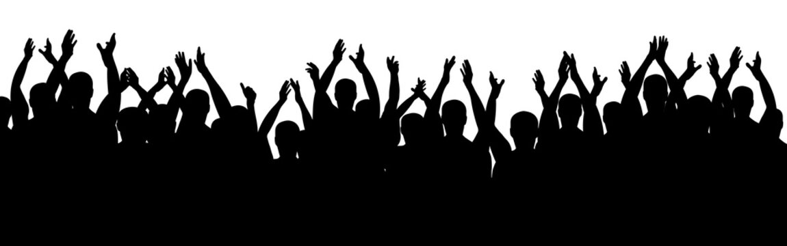 Applause People. Cheerful Crowd Cheering. Hands Up. Silhouette Vector