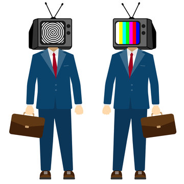 TV on head man. Television propaganda, fake news. Businessman character, vector.