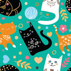 Vector seamless pattern with hand draw textured cats in graphic doodle style. Colored endless background.