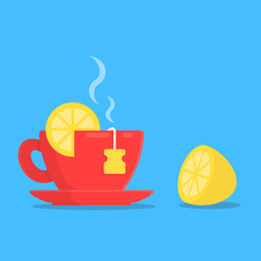 Concept breakfast cup tea with slice lemon