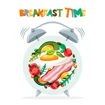 Breakfast menu vector design. Fried eggs, bacon, avocado, tomato, seasoning on plate with alarm clock. Breakfast time concept. Food illustration isolated on white background.