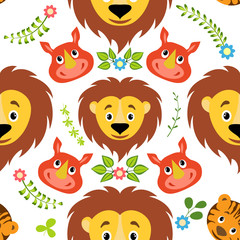 Cartoon lion, tiger and rhino seamless childish pattern. Background, fabric, wrapper, backdrop. The vector file has elements that are not cropped - a clipping mask is used for easy editing