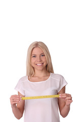 Isolated happy woman with metre