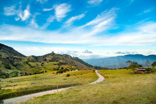 landscape with dirt road between mountains. Colombia.