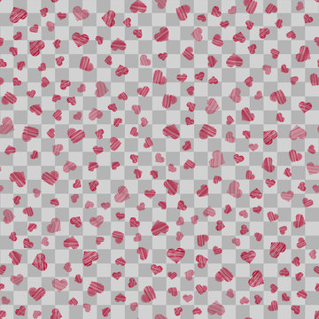 -2Seamless pattern with red handdrawn hearts on transparent background. Vector