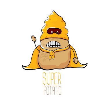 vector funny cartoon cute brown super hero potato with orange hero cape and hero mask isolated on white background. My name is potato vector concept. super vegetable food character