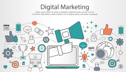 Digital marketing concept. Flat outline  vector illustration.