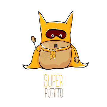 vector funny cartoon cute brown super hero potato with orange hero cape and hero mask isolated on white background. My name is potato vector concept. super vegetable food character