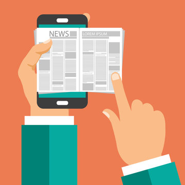 On line news concept. Read newspaper on your smart phone. Flat vector illustration