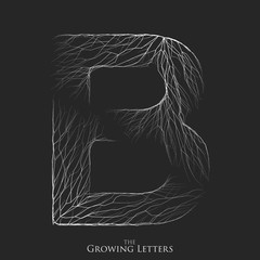 Vector letter B of branch or cracked alphabet. B symbol consisting of growing white lines. Fractured letters. Lighting silhouet of capital letters. Abstract font.