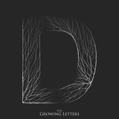 Vector letter D of branch or cracked alphabet. D symbol consisting of growing white lines. Fractured letters. Lighting silhouet of capital letters. Abstract font.