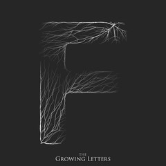 Vector letter F of branch or cracked alphabet. F symbol consisting of growing white lines. Fractured letters. Lighting silhouet of capital letters. Abstract font.