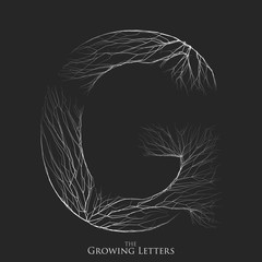 Vector letter G of branch or cracked alphabet. G symbol consisting of growing white lines. Fractured letters. Lighting silhouet of capital letters. Abstract font.