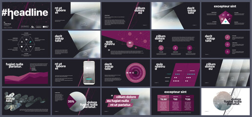 Purple presentation templates elements on a black background. Vector infographics. Use in Presentation, flyer and leaflet, corporate report, marketing, advertising, annual report, banner. - obrazy, fototapety, plakaty